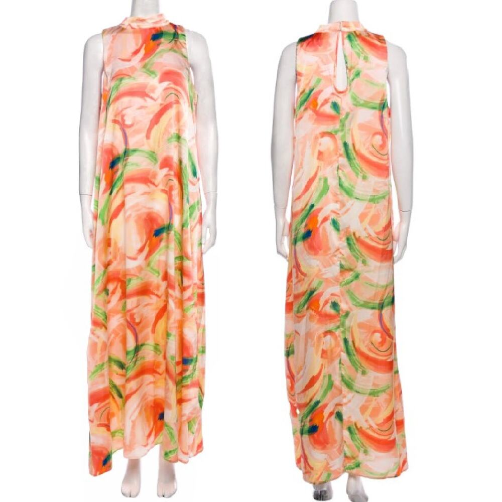 Nicole Miller Satin Sleeveless Maxi Dress Size Large Multicolor Abstract Print - Picture 2 of 10